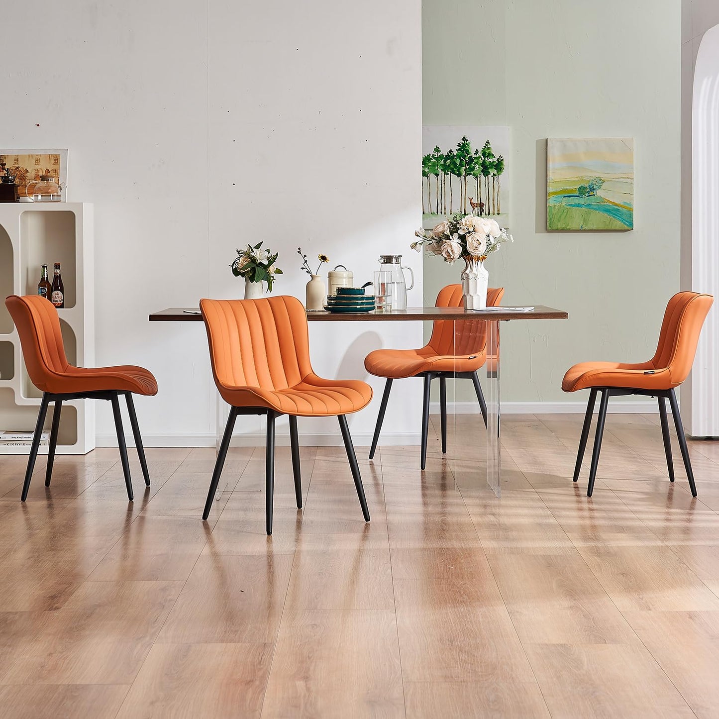 YOUNUOKE Dining Chairs Set of 2 Camel Mid Century Modern Kitchen Chairs Armless Faux Leather Upholstered Dinner Side Chair with Back for Guest Reception Living Room, Matte Orange