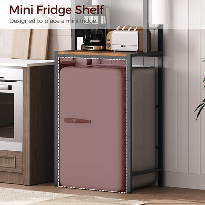 MAHANCRIS Bakers Rack with Mini Fridge Shelf, 3-Tier Microwave Stand, Coffee Bar Station with Paper Holder, Freestanding Kitchen Storage Rack, for Kitchen, Rustic Brown and Black BRHR5401