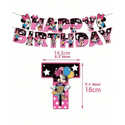 Minnie Party Supplies,32PCS Birthday Decorations Set Include Banner, Balloons, Hanging Swirls, Cake Cupcake Toppers, for Boys Girls Theme Party