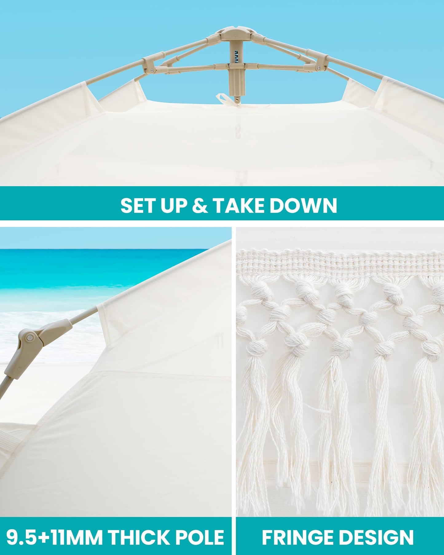 OutdoorMaster Pop Up Beach Tent with Fringe for 4 Person, Easy Setup and Portable Beach Shade Sun Shelter Canopy with UPF 50+ UV Protection, 11MM Thick Pole