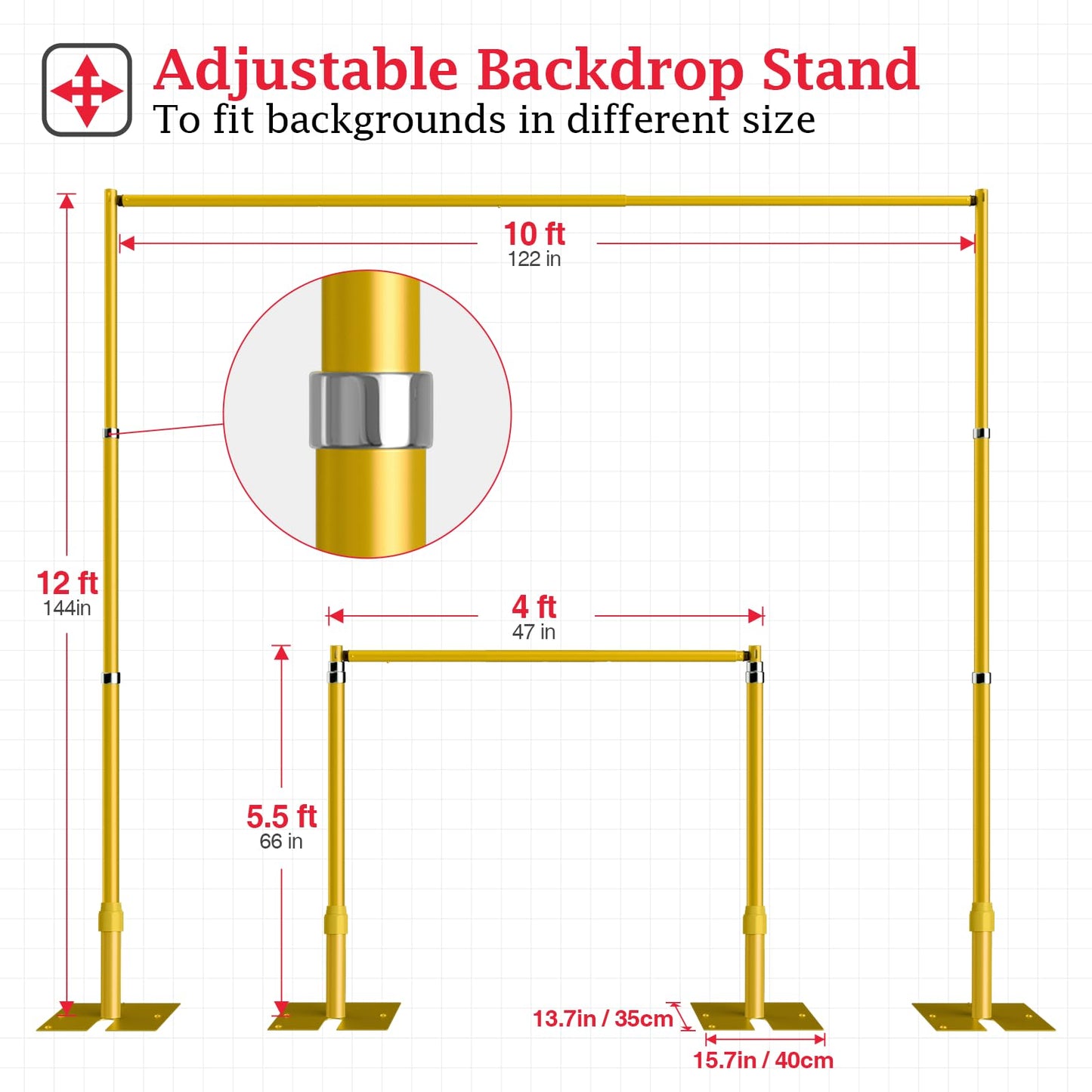 EMART Pipe and Drape Backdrop Stand Kit, 12ftx10ft Heavy Duty Adjustable Photo Background, Metal Frame with Flat Base for Wedding, Birthday Party, Banquet Decorations - Gold