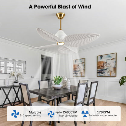 LVYEAYOU 52" Tropical Ceiling Fans with Lights, Indoor Palm Leaf Ceiling Fan with Light and Remote for Living Room Bedroom, ABS Blades, Dimmable LED Lights, 6 Speeds, Adjustable Height-White Gold