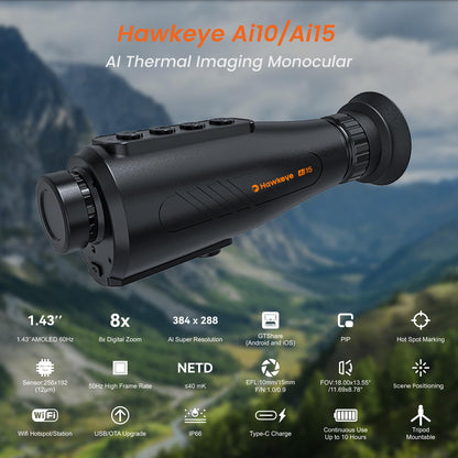 GTGUARD AI15 Thermal Monocular 384x288 (50Hz) HD Night Vision with 15mm Focal Lens, 8X Zoom, Wi-Fi Hotspot Multiple Scene Modes for Hunting Travel Outdoor Camping