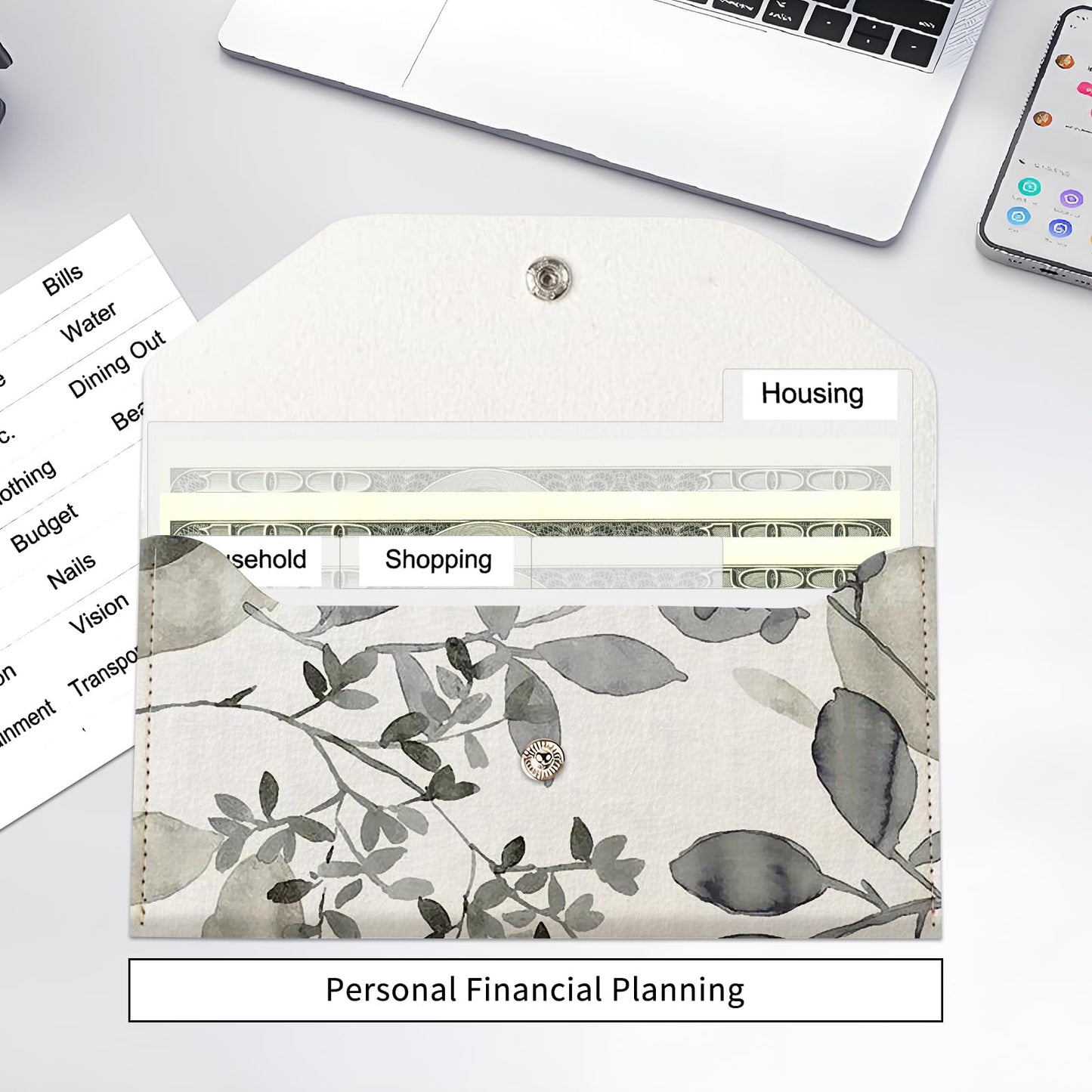 BOFKWSY Cash Envelope Wallet for Budgeting, PU Leather Cute Cash Pouch with 4 Cash Dividers & 1 Category Stickers, Reusable Money Holder for Men and Women Gray Leaf Sketch