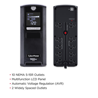 CyberPower CP1500GAVR Line‑Interactive UPS Battery Backup, 1500VA/900W, AVR, 10 Outlets, LCD Display, Mini-Tower, UL Certified