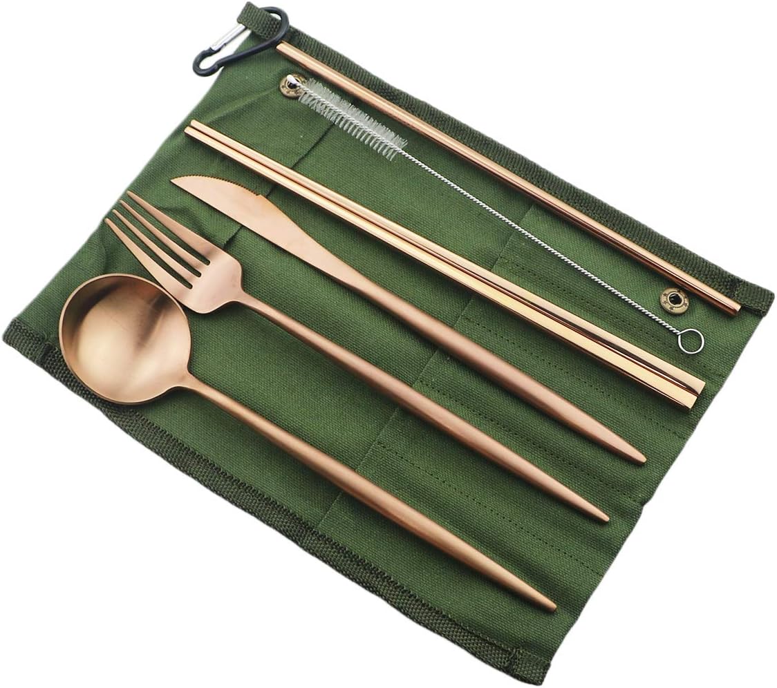 Eco-friendly Matte Finish Flatware Set, 7 Pieces Cutlery Set Knife Fork Spoon 18/10 Stainless Steel Rose Gold for