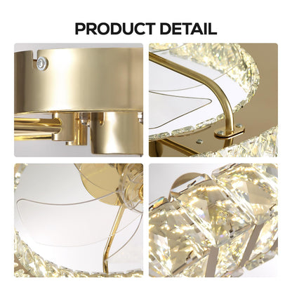 MOOONICHE 22" Low Profile Flush Mount Ceiling Fan, Ceiling Fan with Light and Remote, Dimmable Fandelier with Crystal Lampshade, Bladeless Enclosed Fan Light-Gold