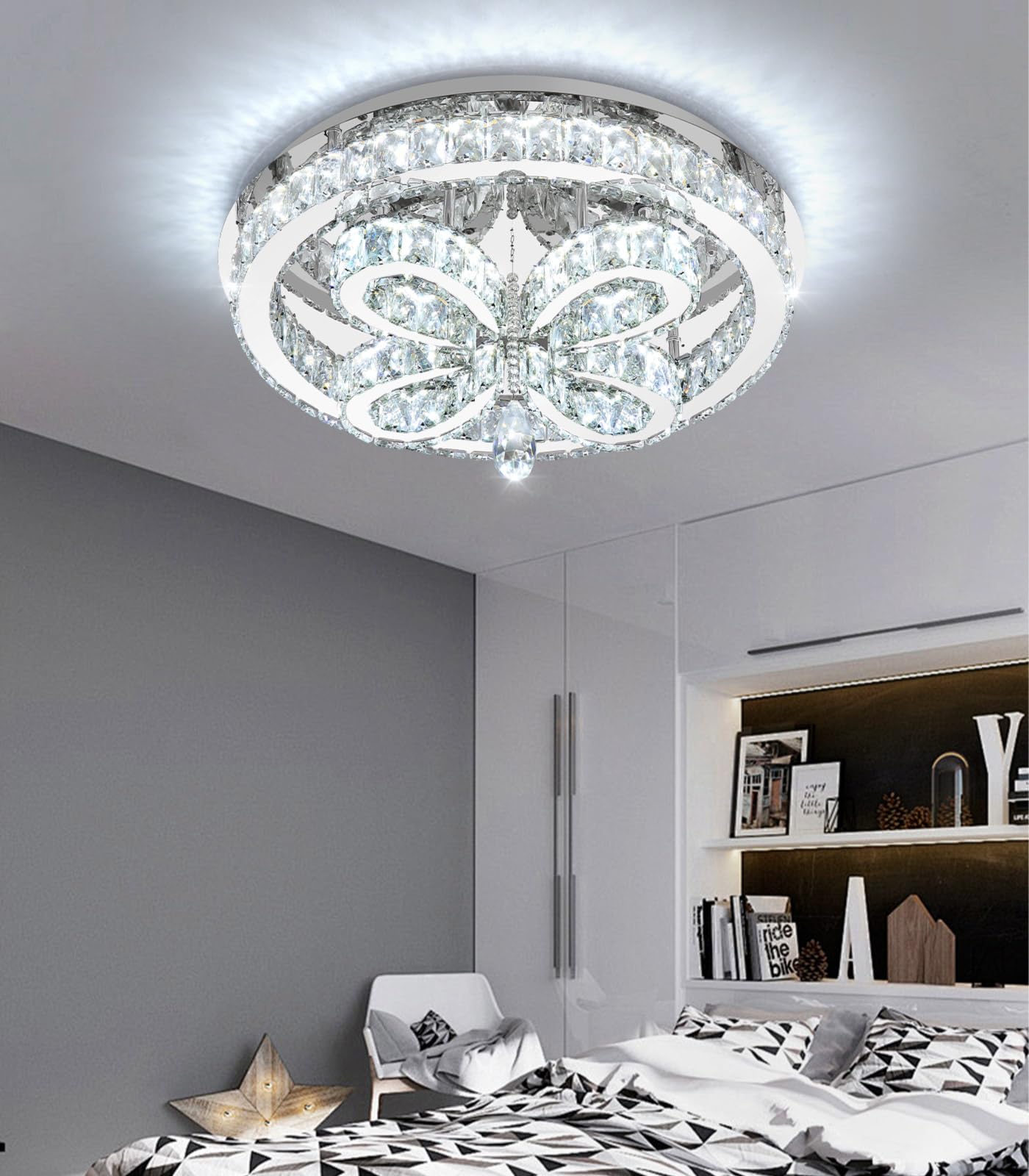 dolria Modern Crystal Chandelier LED 2-Tier Flush Mount Ceiling Lighting Dimmable Pendant Light for Living Room Bedroom Dining Room Entryway Hallway