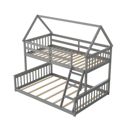 KOMFOTT Wood Twin Over Full House Bunk Bed with Built in Ladder, Solid Pine Wood Bunk Bed Frame with Safety Guardrails, House Bunk Bed Frame for Kids, Teens, Juniors, No Box Spring Needed (Grey)
