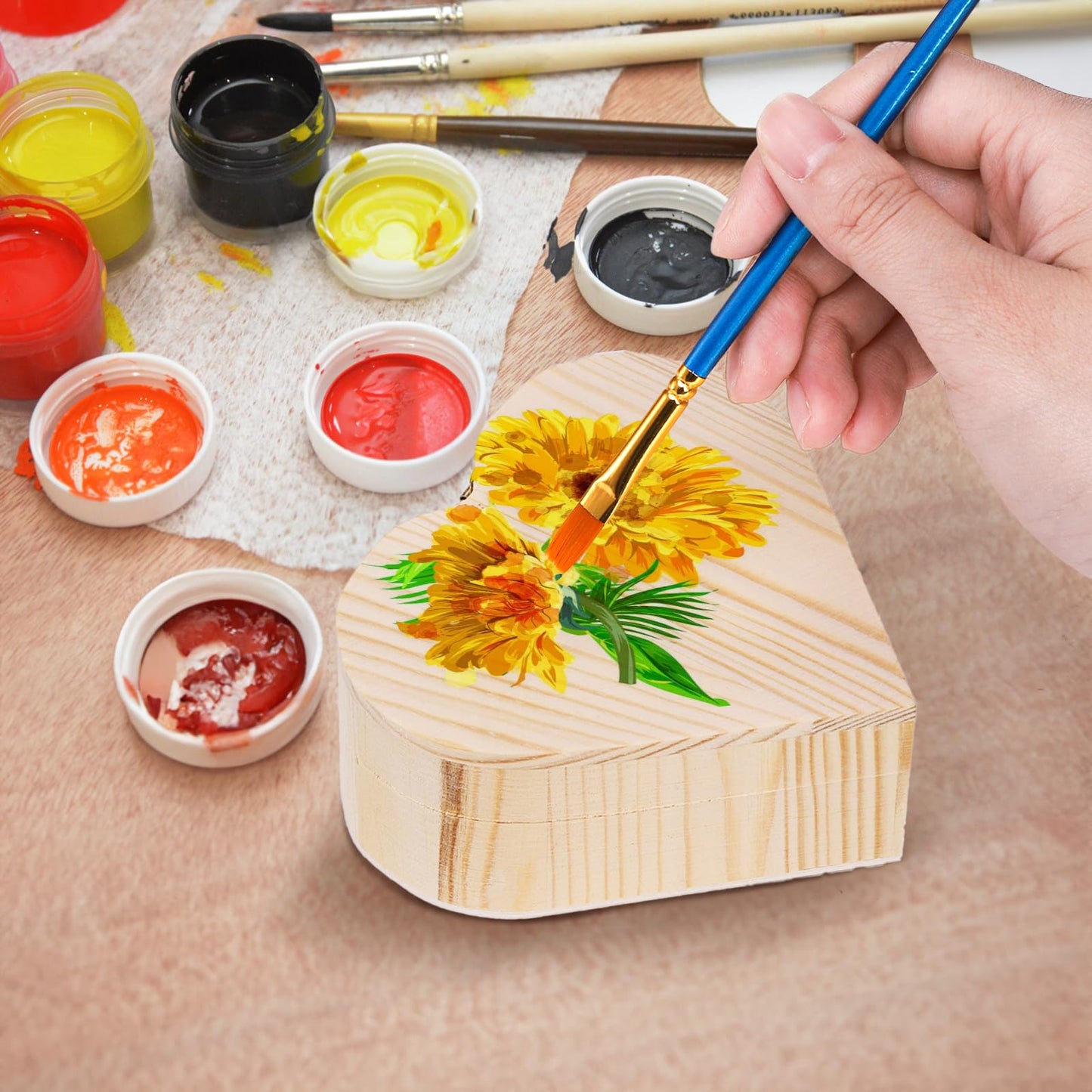 Acshio 12 Pack Unfinished Wood Heart Box, Unpainted DIY Treasure Chest with 10 Pcs Paint Brushes, Wooden Heart Shaped Storage Box Jewelry Box with Lid for Art Craft Painting Making Christmas