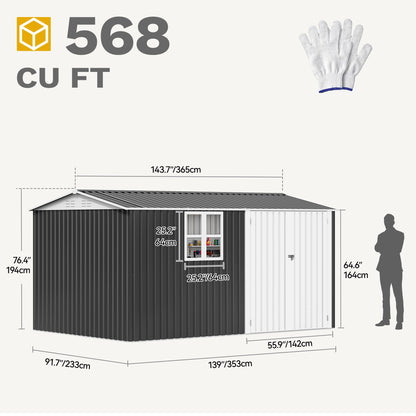 DWVO 12x8ft Large Tool Storage Shed with Window, Lockable Doors, and Sloped Roof, Oversized Steel Outdoor Storage Shed for Garden, Patio, Garage, Backyard, Lawn(Gray + White)