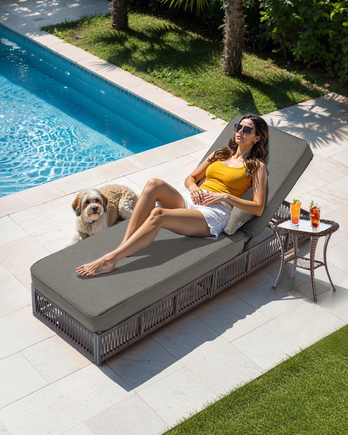 ACTREST Luxury Outdoor Chaise Lounge with 5 Inch Thickened Cushion - 1 Set High Back Brown Wicker Patio Recliner Rattan Reclining Chairs Porch Poolside Pool Sunbathing Lounger - Grey