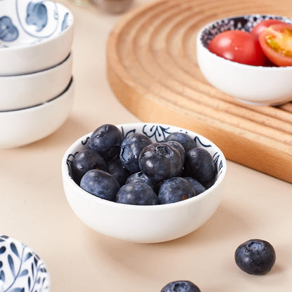 Ceramic Dipping Bowls Set of 6, 3 Inch Pinch Bowls for Sushi, Snack, Soy, BBQ, 2.5 Oz Blue and White