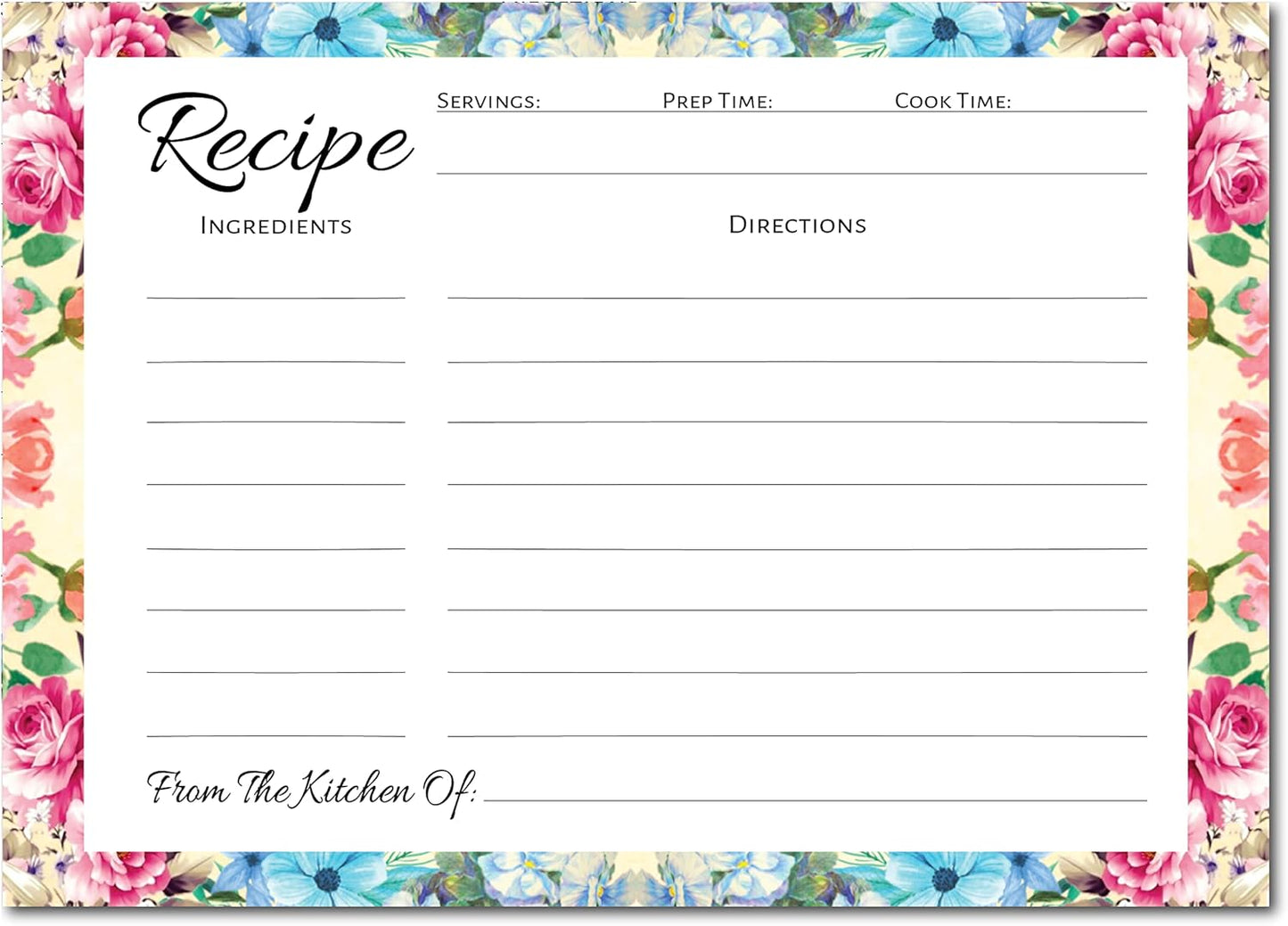 Pioneer Woman Style Floral Recipe Cards (50 Pcs) - Perfect for Bridal Shower, Blank Back Notecards