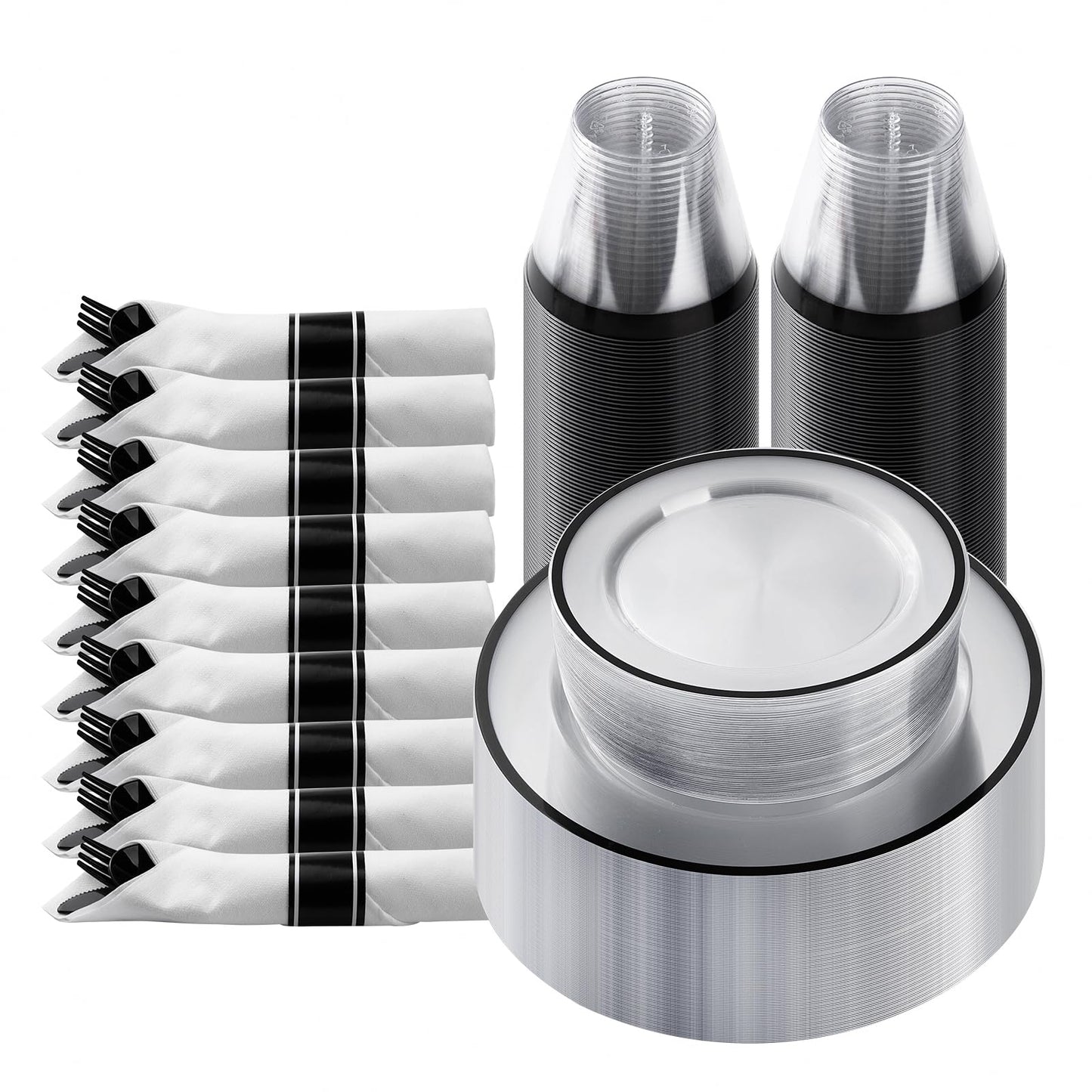 Goodluck 175 Piece Black Plastic Dinnerware Set for Party, Clear Disposable Plates for 25 Guests, Include: 25 Dinner Plastic Plates, 25 Dessert Plates, 25 Pre Rolled Napkins with Cutlery Set, 25 Cups