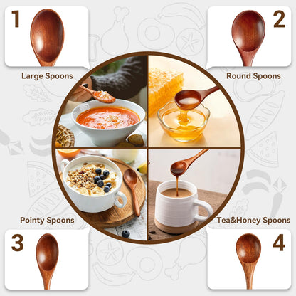 8Pcs Small Wooden Spoons for Eating, Wood Honey Spoon for Tea, Coffee&Soup, Little Tiny Wooden Serving Spoons Set for Cooking Mixing Stirring, 4 Sizes(9.3’’, 7.9’’, 7.1’’, 5.5’’)