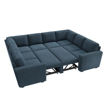 HONBAY Modular Sectional Couch with Pull Out Bed, Corduroy Sleeper Sofa with Storage Seats, U Shaped Sectional Couches for Living Room, Blue