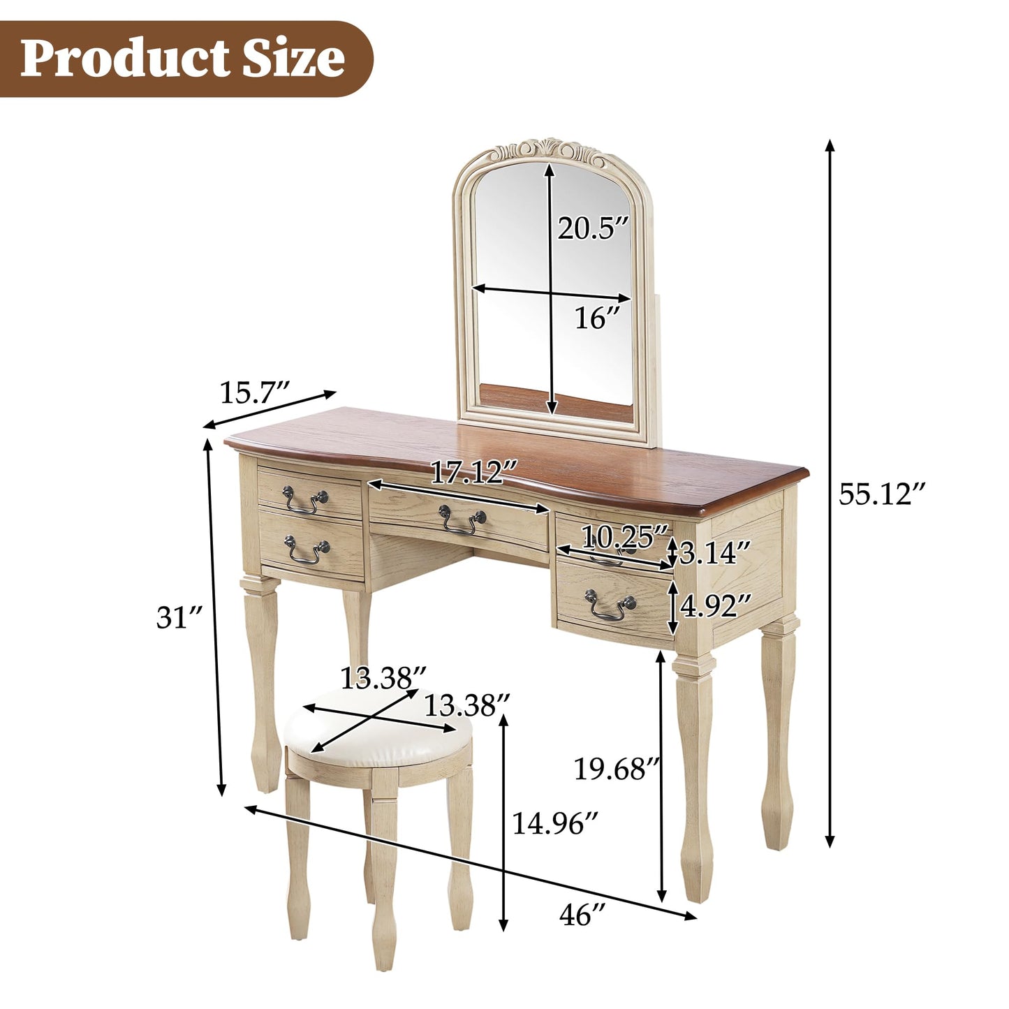 Merax 46" Vintage Makeup Vanity with Curved Flower Frame Mirror, Elegant Dressing Table with 5 Drawers and Leather Stool, Vanity Desk with Solid Wood Legs and Antique Handles for Bedroom