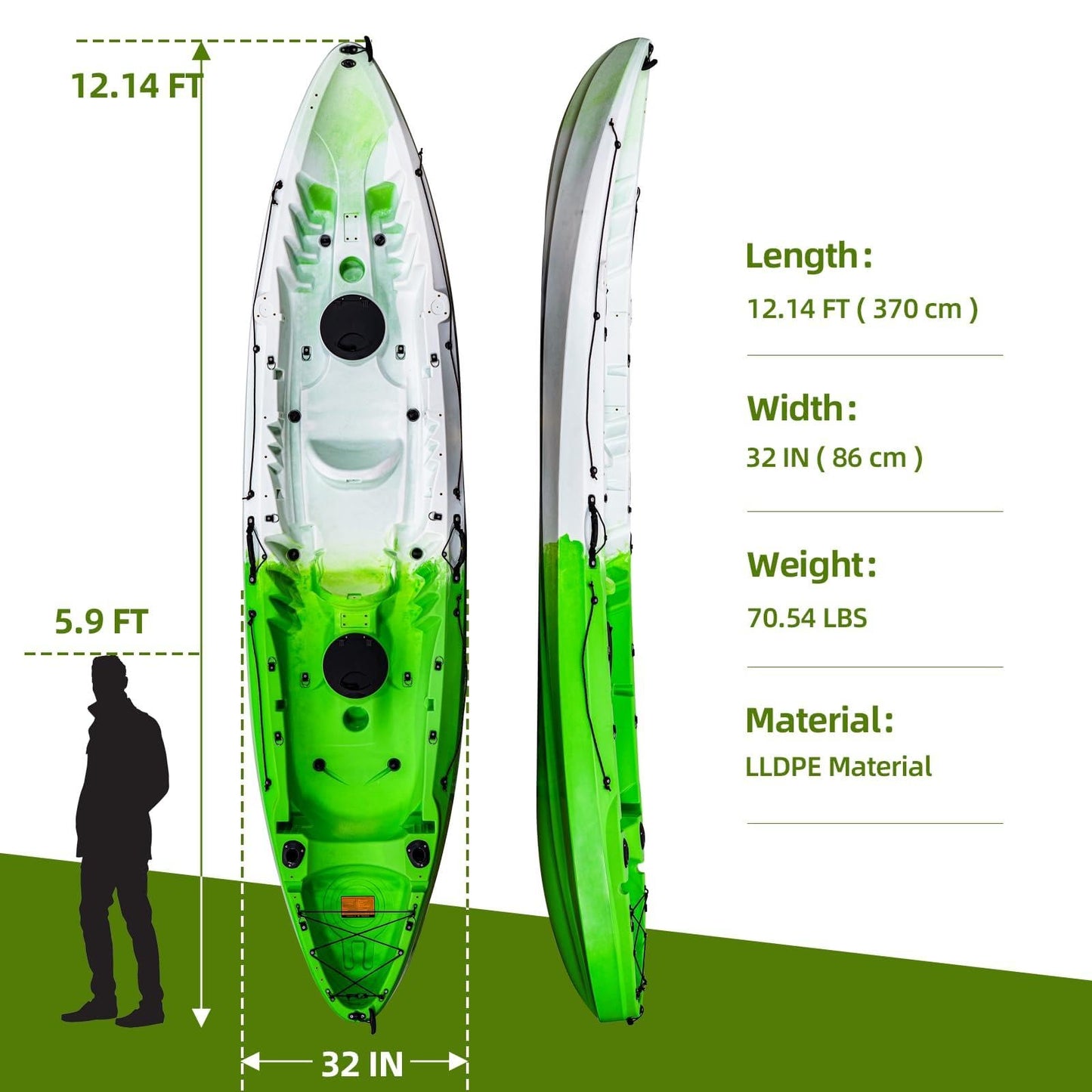 Fishing Kayaks, 12.4FT Sit on Top Kayak for 2-3 Person Adults with Paddle & Comfortable Seat, Capacity of 600LBS, Hard Shell Recreational Ocean Kayak Boat