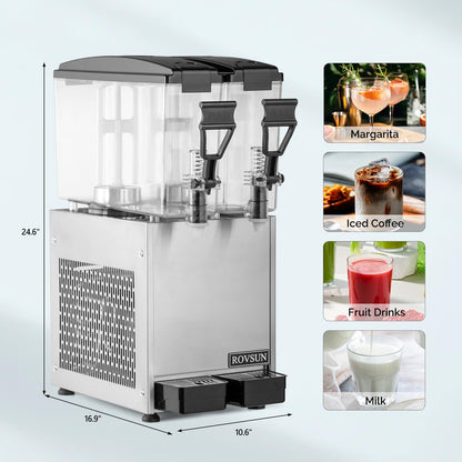 ROVSUN Commercial Beverage Dispenser 5.2 Gal/20L, Commercial Juice Dispenser Cold Drink Dispenser 10L X 2 Tanks Stainless Steel with Thermostat Controller for Home Restaurant Bar Party 110V/60HZ