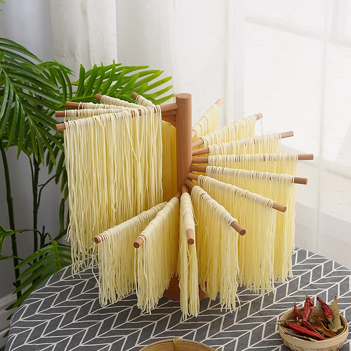 Abizarch Collapsible Pasta Drying Rack Wooden Spaghetti Stand Dryer with 16 Suspension Rods Homemade Fresh Noodle Hanger Easy Storage and Quick Set-Up Hanging Rack for Home Kitchen