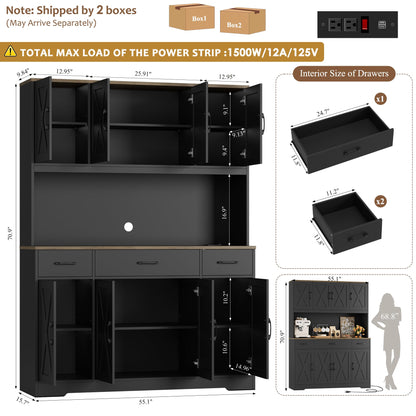 HOSTACK 71" Tall Pantry Cabinet with Charging Station, 55" Wide Kitchen Pantry Storage Cabinet with Countertop, Large Kitchen Hutch with Storage Drawers and Microwave Stand for Dining Room, Black