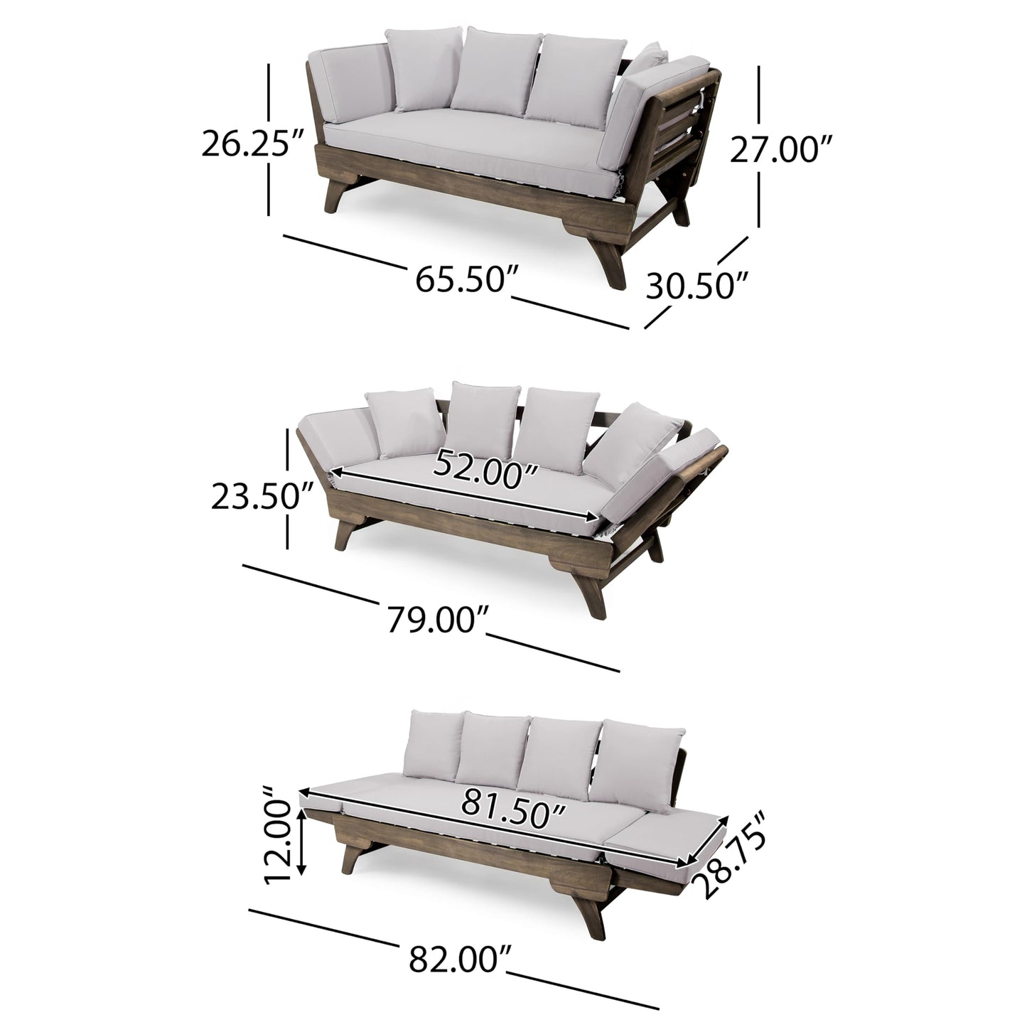 Christopher Knight Home Gary Patio Convertible Couch, Wooden Outdoor Daybed, 3-Seater Acacia Wood Patio Furniture Lounge Sofa for Backyard/Poolside/Garden, Back Pillow+Removable Cushion, Grey