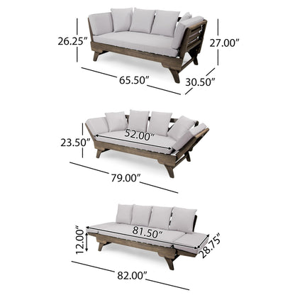 Christopher Knight Home Gary Patio Convertible Couch, Wooden Outdoor Daybed, 3-Seater Acacia Wood Patio Furniture Lounge Sofa for Backyard/Poolside/Garden, Back Pillow+Removable Cushion, Grey