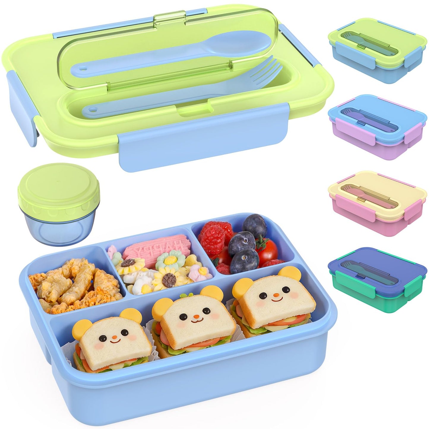 Caperci 50oz Larger Bento Box for Kids - Reinforced Leakproof Lunch Box Containers for Kids, Built-in Sauce Cup, Utensils, 4 Compartments, BPA-Free Microwave & Dishwasher Safe (Lime/Blue)