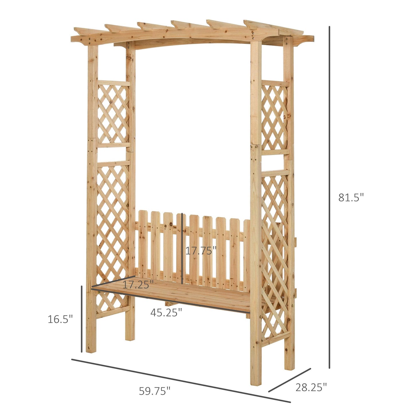 Wooden Garden Arbor for Climbing Plants with Garden Bench, Garden Arch to Grow Grapes & Vines, Patio Decor & 2-Person Outdoor Wood Decorative Seating, Natural