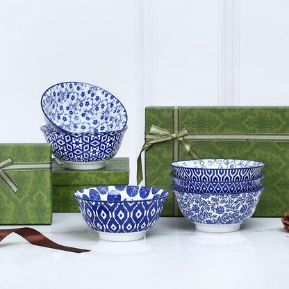 Selamica 7 inches Porcelain Cereal Bowl Set - Set of 6, Soup Bowls, Ceramic bowls for Cereal, Soup, Salad and Pasta, Vintage Blue