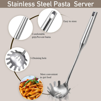 Patelai Stainless Steel Spaghetti Spoon and Pasta Tongs Set, Long Handle Noodle Server Tools with Drain Holes, Non-slip Grip for Cooking, Serving Pasta and Noodles(Sliver)