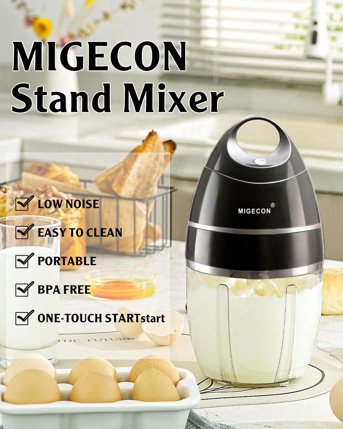 MIGECON Stand Mixer Electric Kitchen Mixer, Electric Egg Beater, Shampoo & dogs Body Wash Foam Whipper, One-touch operation to prevent spills (Dark Grey)