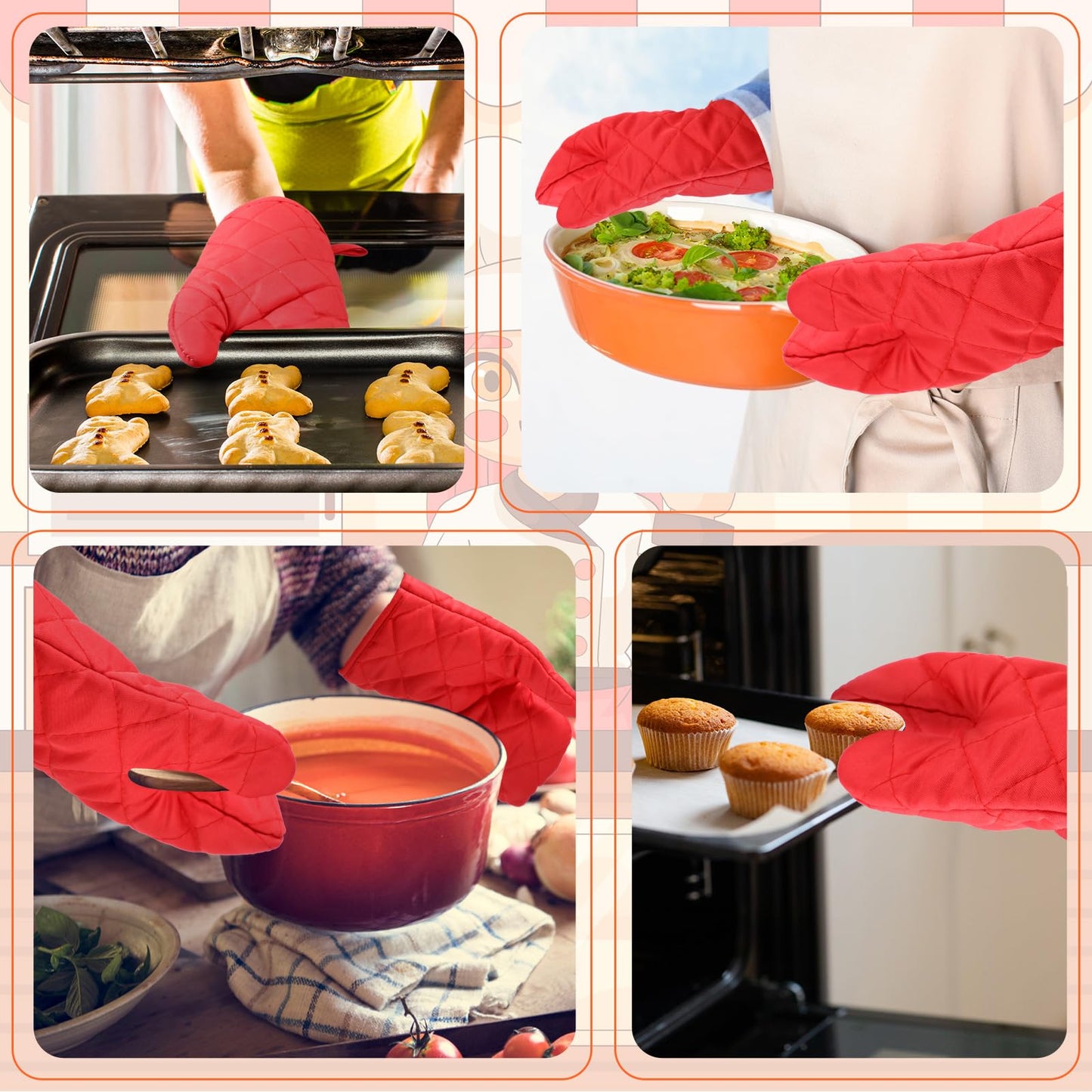 6 Pairs Heat Resistant Oven Mitts Kitchen Oven Gloves 11 Inch Long Quilted Cotton Polyester Kitchen Gloves for Cooking, Baking, Grilling BBQ (Red)
