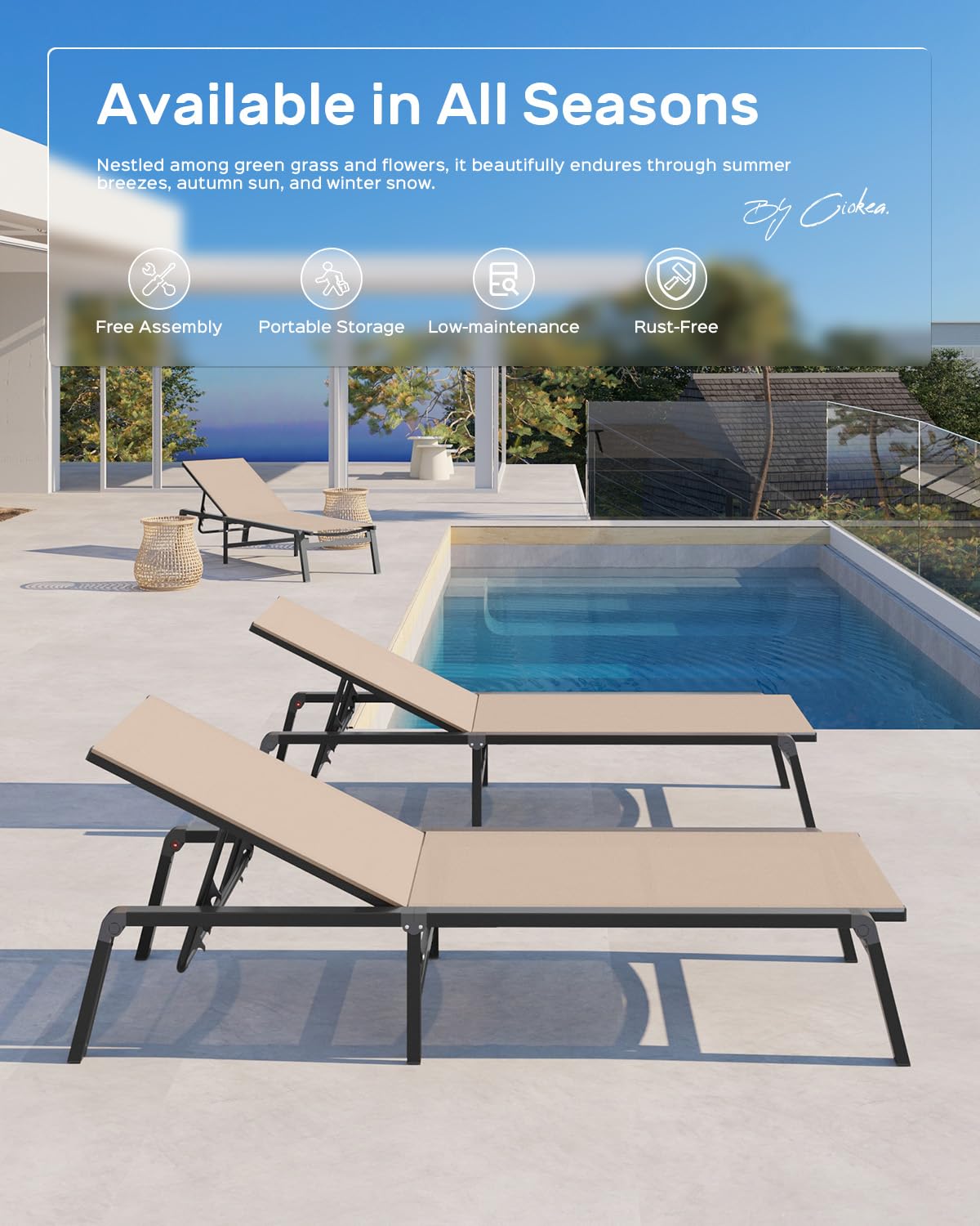 Ciokea Patio Chaise Lounge Chair, Foldable Lounge Chair for Outside, Aluminum Chairs Set of 2 with 5 Adjustable Backrest, Outdoor Pool Lounger for Poolside, Lawn, Deck, Khaki