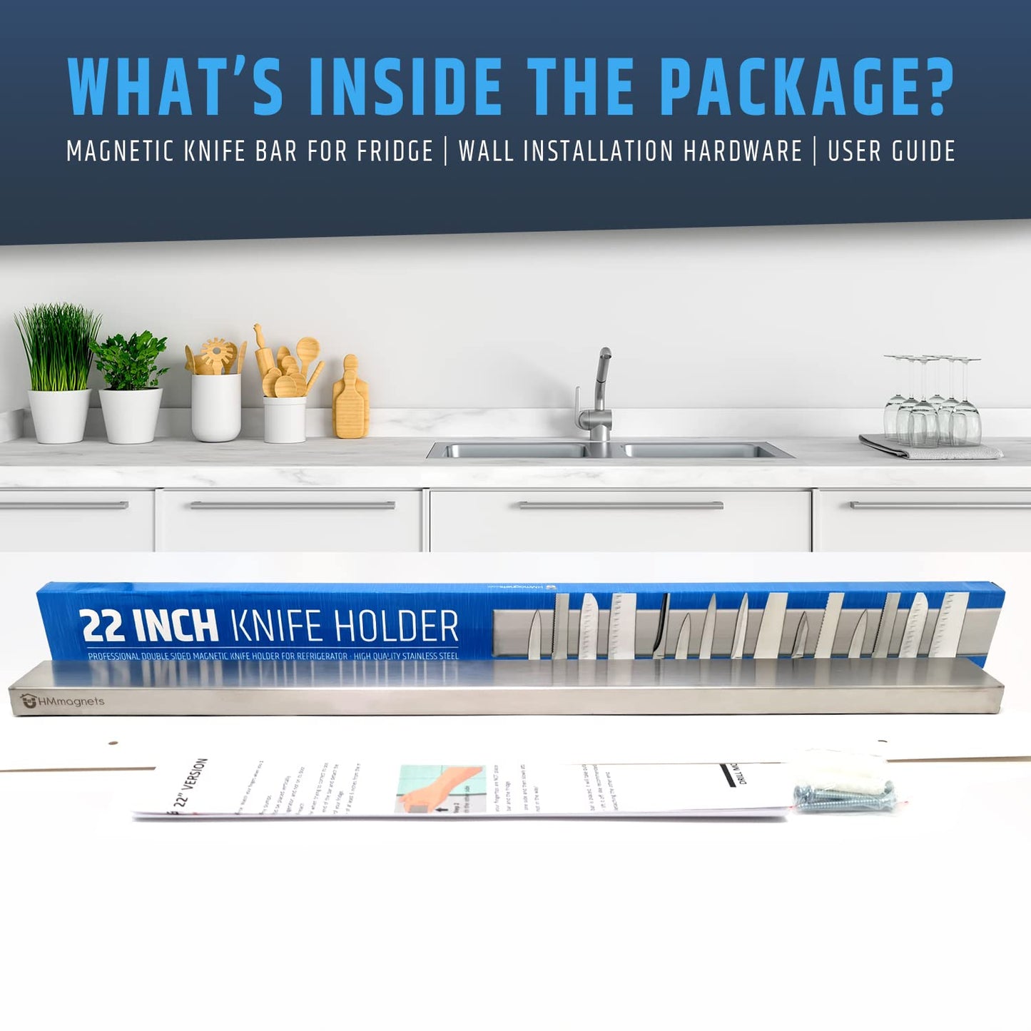 22" Premium Magnetic Knife Holder for Refrigerator (Double-Sided Heavy-Duty Magnets) - Upgraded Strip for Strong Fridge Mount - Clear Up Counter Space - 304 Anti-Rust Stainless Steel (Upgraded Design)