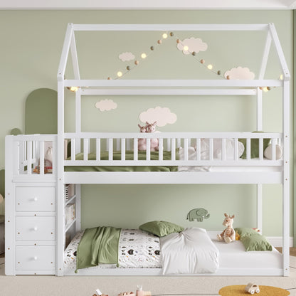 Bellemave Bunk Bed Twin Over Twin, Bunk Bed with Slides and Stairs, House Bunk Bed with roof, Twin bunk Bed for Kids, Teens, Kids bunk beds, White