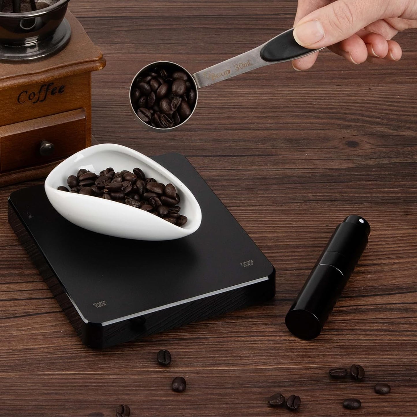 Coffee Bean Dosing Cup and Spray Bottle Set, Espresso Accessories, Coffee Bar Accessories, White, 13x13