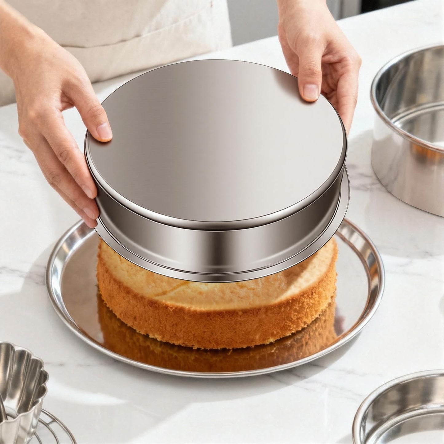 Ohtomber 8 Inch Cake Pan - Set of 4 Stainless Steel Round Layer Cake Baking Pans Molds, Tins, Stackable Baking Set, Even Heating, Dishwasher Safe Non-Toxic Bakeware Dish for Birthday Wedding Christmas