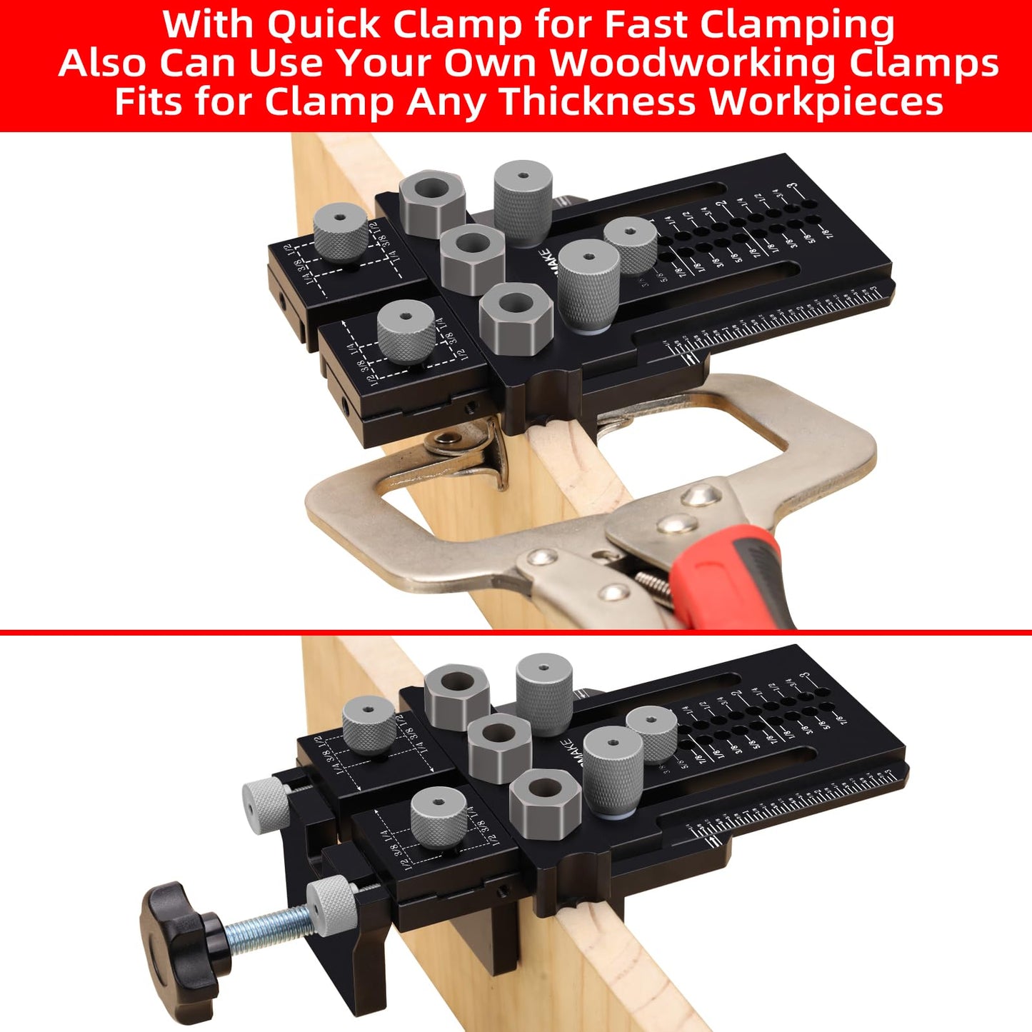 GOINGMAKE Dowel Jig Kit with Quick Positive Stop and Clamp, Adjustable Doweling Jig for Drill 1/4, 3/8 and 1/2 Inch Accurate Straight Dowel Holes, Fit Any Thickness Wood Joints, for Cabinet, Furniture