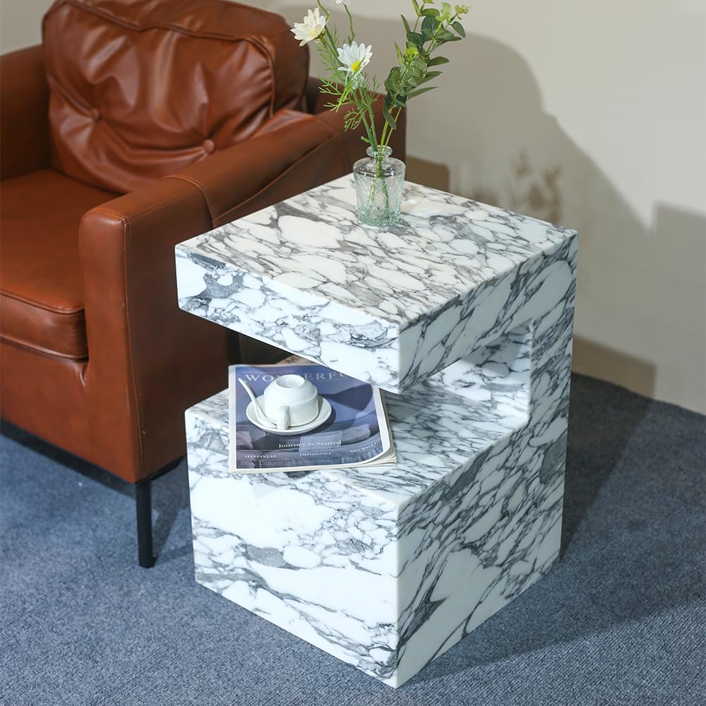 Natural Marble C-Shaped End Table, Luxurious Handmade Coffee Table Suitable for for Living Room Bedroom Bathroom Small Spaces, No Installation Marble Sofa Table for Modern Home Decor
