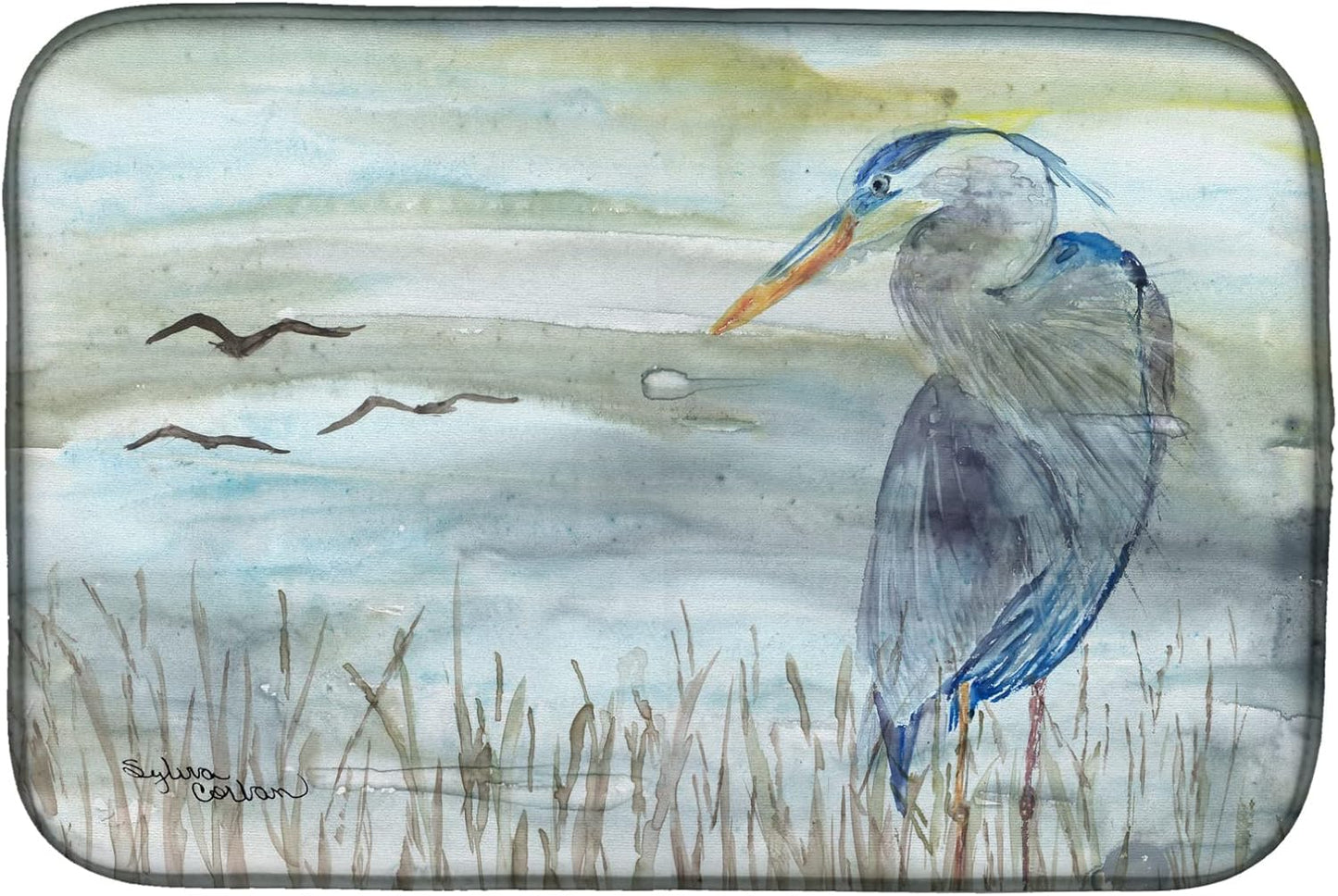 Caroline's Treasures SC2007DDM Blue Heron Watercolor Dish Drying Mat, Absorbent Kitchen Counter Pad 14 x 21", Multicolor