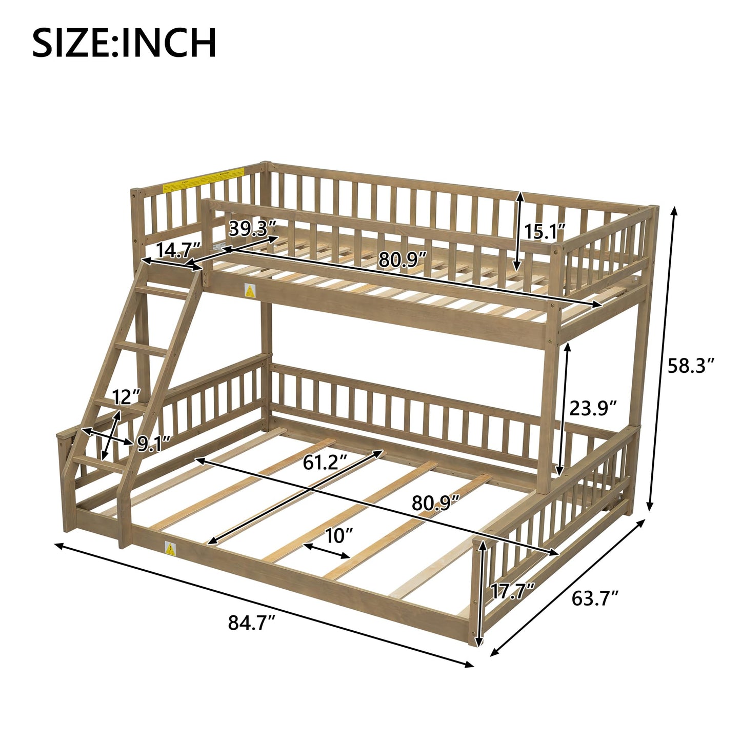 Merax Twin XL Over Queen Floor Bunk Bed with Ladder and Guardrails, Bedroom Wood Bunk Bed Frame for Kids/Teens/Youths/Adults, Space Saving & Noise Free, No Box Spring Needed, Walnut Brown