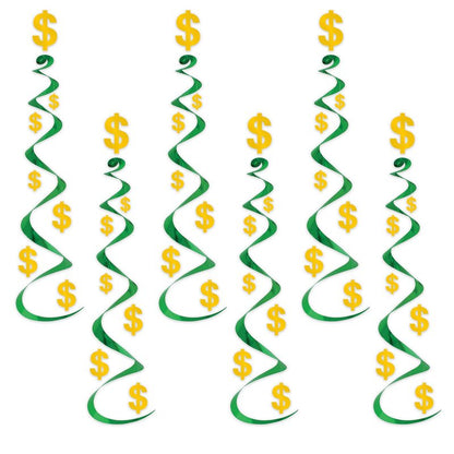 Beistle 6 Piece Dollar Sign Party Decorations, Hanging Spirals Whirls For Casino Theme Décor, Celebrating With You Since 1900