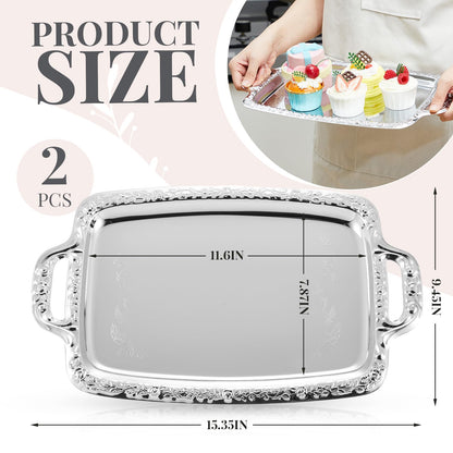 Tiangrid 2 Pcs Silver Serving Tray Elegant Floral Metal Plate Silver Platter for Buffet Wedding Party Jewelry Decorative (Oblong with Handle)