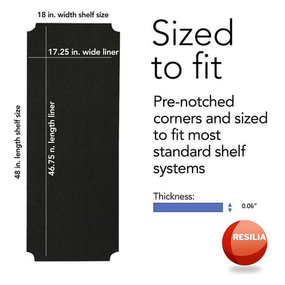 RESILIA Shelf Liner Set for Wire Shelving Rack – 4 Pack, 18 Inch Long x 48 Inch Wide, Black Plastic Vinyl Covers for Kitchen, Pantry, & Garage Racks, Made in The USA