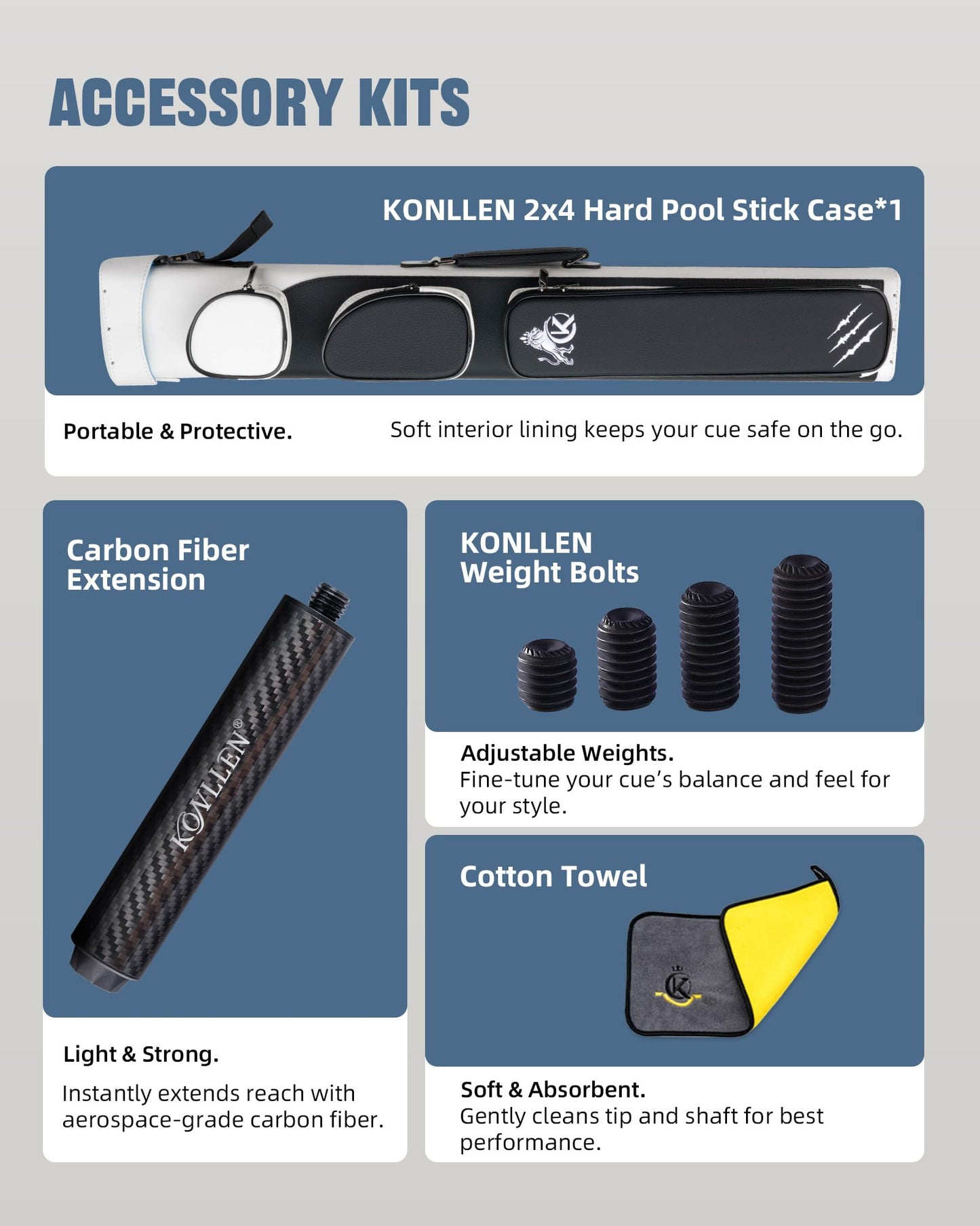 KONLLEN 2.0 Pool Cue Complete Set with Case & Extras | Hand-Inlaid Carbon Fiber Pool Cue with Professional Taper | Low Deflection Shaft for Adults & League Players
