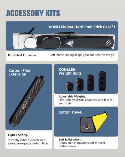 KONLLEN 2.0 Pool Cue Complete Set with Case & Extras | Hand-Inlaid Carbon Fiber Pool Cue with Professional Taper | Low Deflection Shaft for Adults & League Players