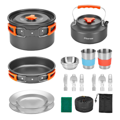 Fitense 21Pcs Camping Cookware Mess Kit for 2, Lightweight Camping Kitchen Pots and Pans Set, Portable Cooking Essentials for Backpacking, Hiking and Picnic