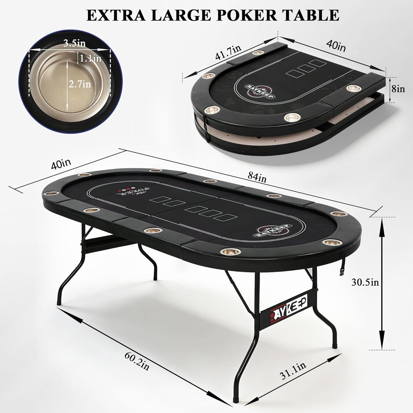 RAYKEEP 84" Poker Table for 10 Players, Foldable Texas Holdem Table with Padded Rails & 10 Cup Holders, Portable Casino Board Game Table for Game Room, Blackjack, Party (Black)